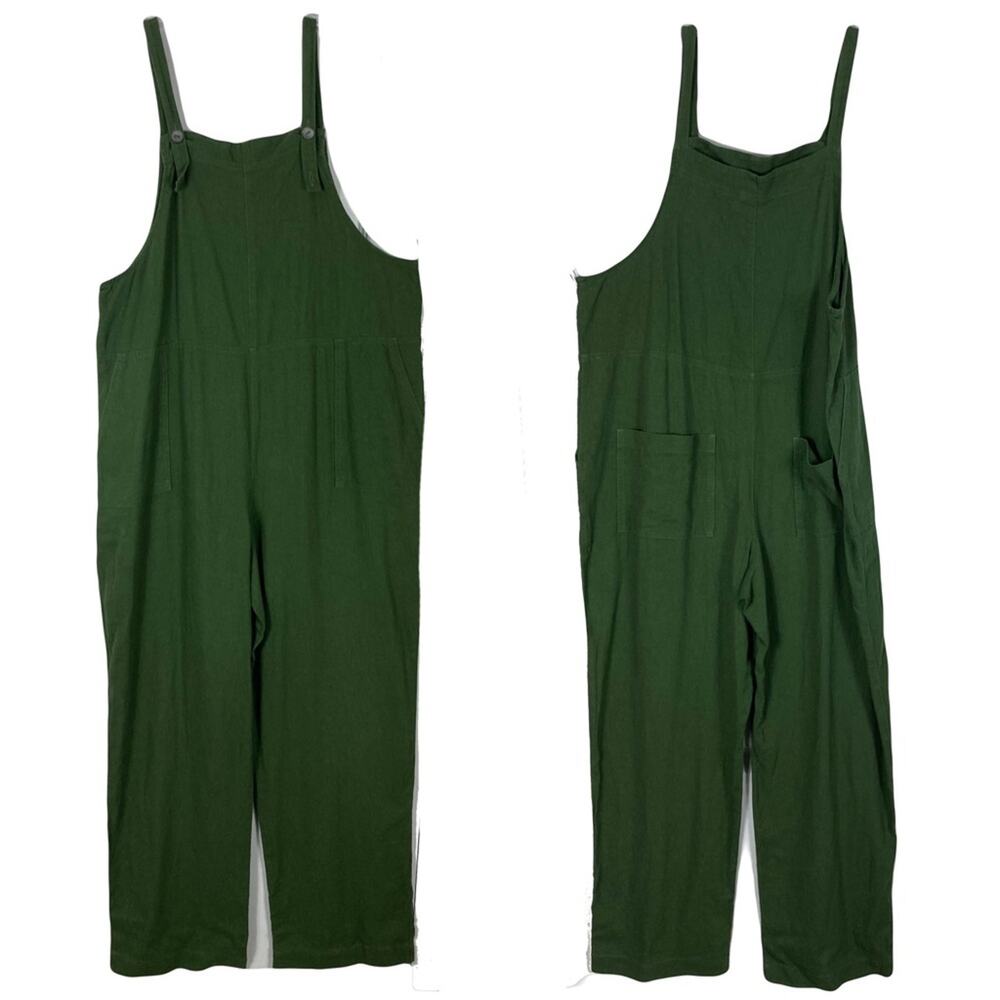 nwot LTD Overalls 38/S Linen Olive-Green Wide Adjust-Strap buttons Pockets